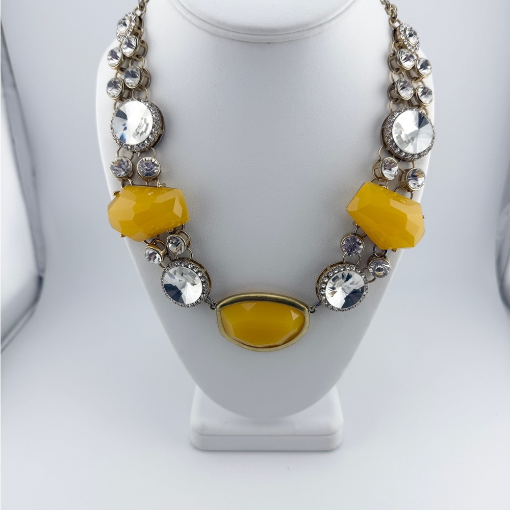 Kathleen Murphy Yellow and White Rhinestone Statement Necklace Gold Toned